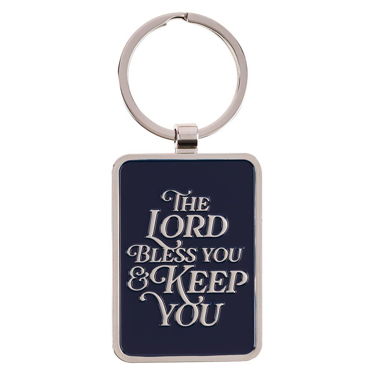 The Lord Bless You and Keep You silver medallion keychain with midnight blue face
