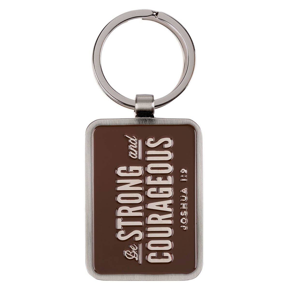 Be Strong and Courageous silver medallion keychain with brown epoxy face
