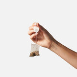 Compostable Minty Blue tea bag held between two fingers