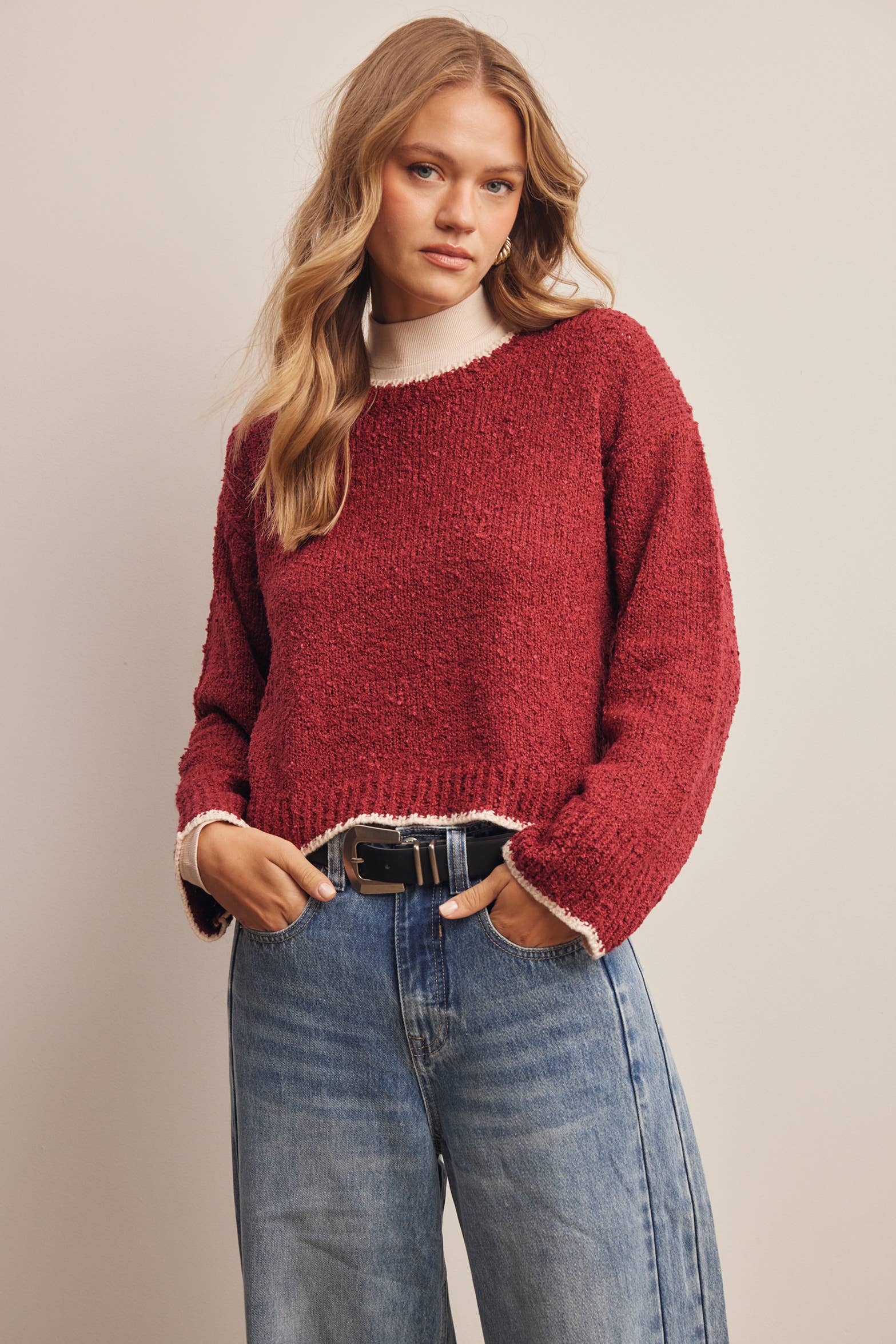 Contrast Trim Bouclé Sweater in Wine – 2