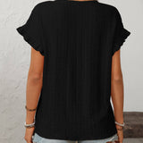 Dark Blue Solid Color Crewneck Sweet Short-Sleeve Hollow-Out Top