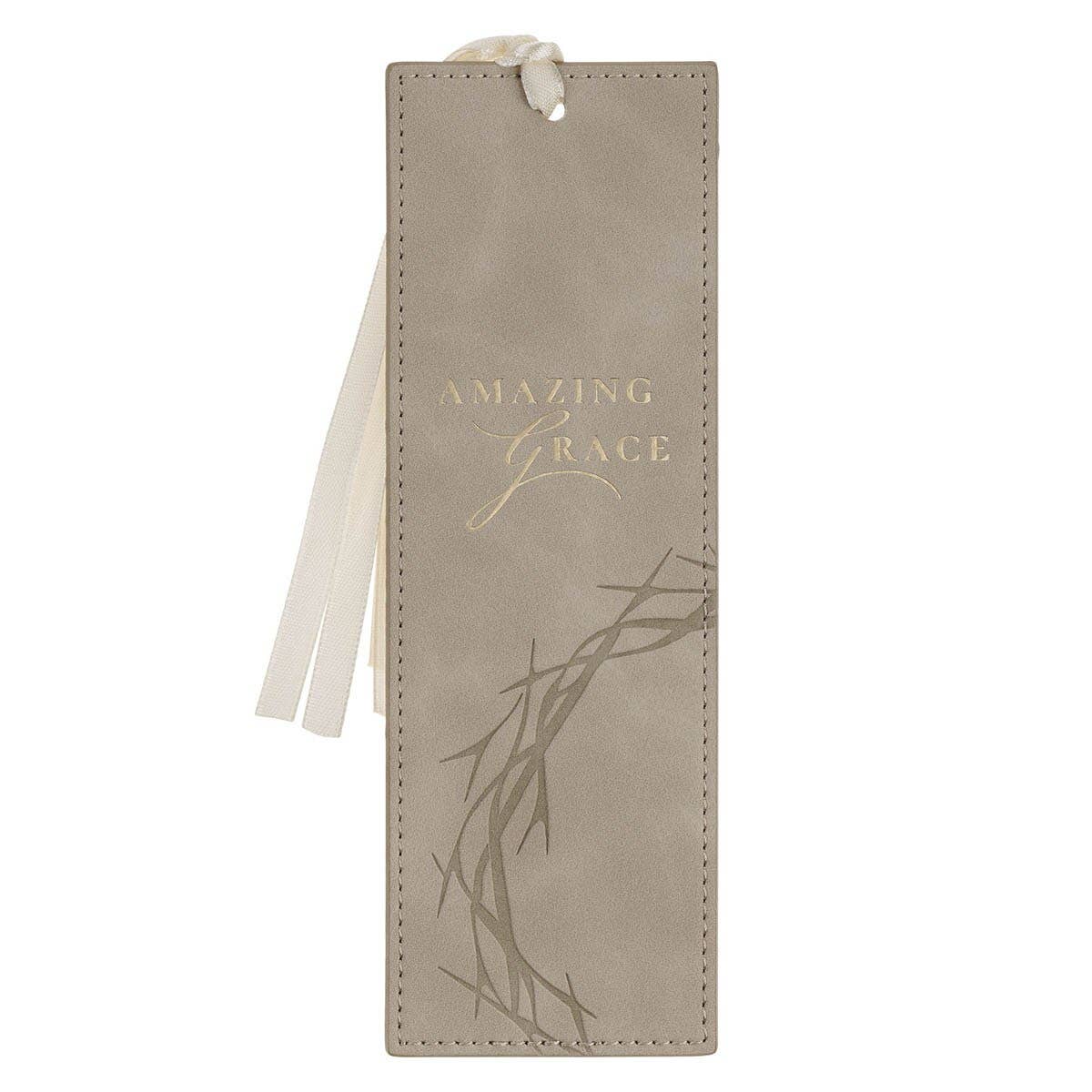 Amazing Grace taupe faux leather bookmark with crown of thorns and Isaiah 53:5