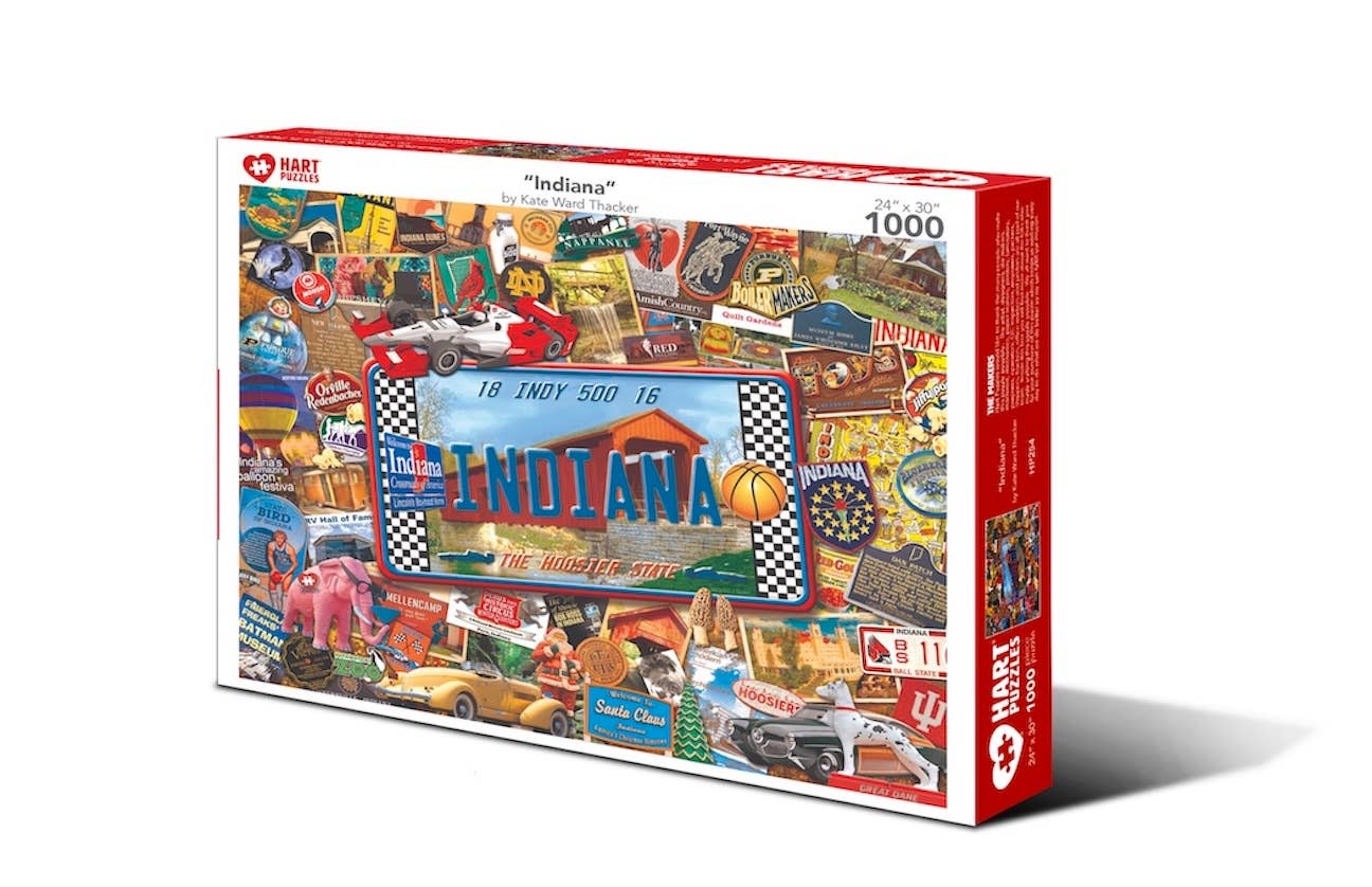 Indiana 1,000-piece jigsaw puzzle box showing a colorful collage of Indiana landmarks and icons around an Indiana license plate