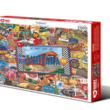 Indiana 1,000-piece jigsaw puzzle box showing a colorful collage of Indiana landmarks and icons around an Indiana license plate