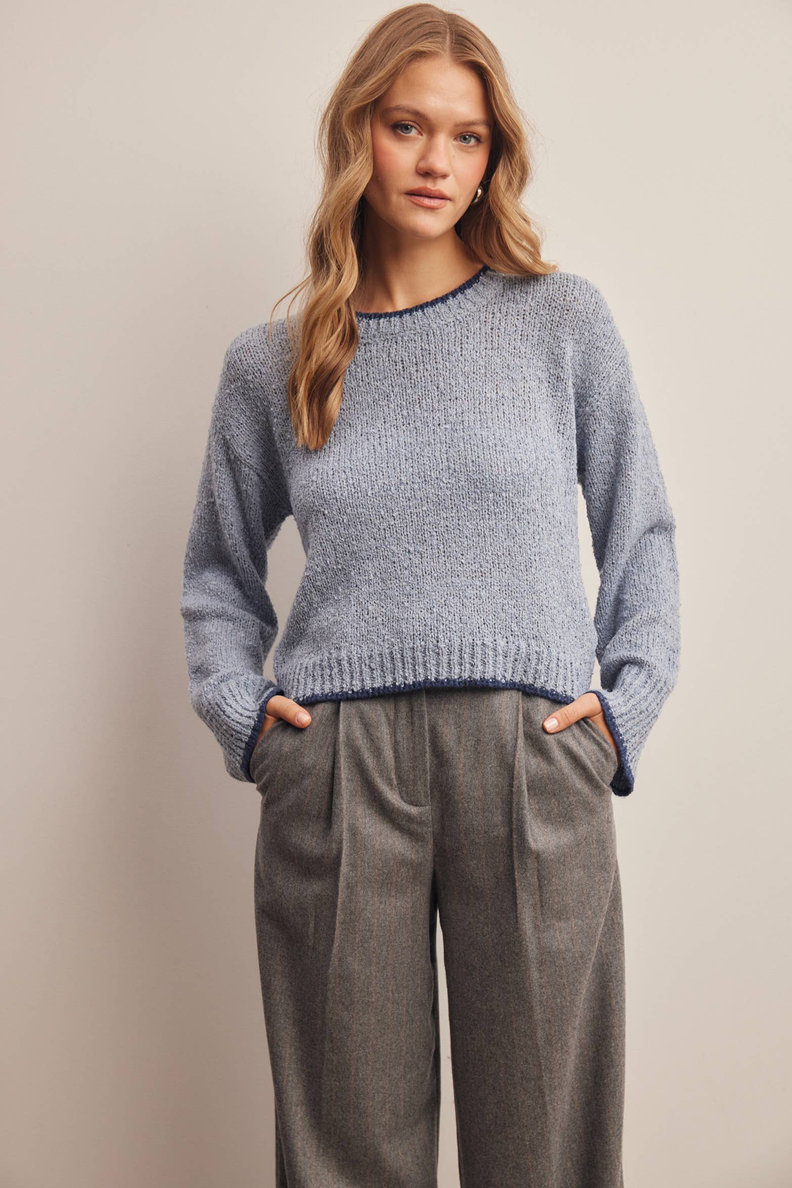 Contrast Trim Bouclé Sweater in Slate Blue – 2