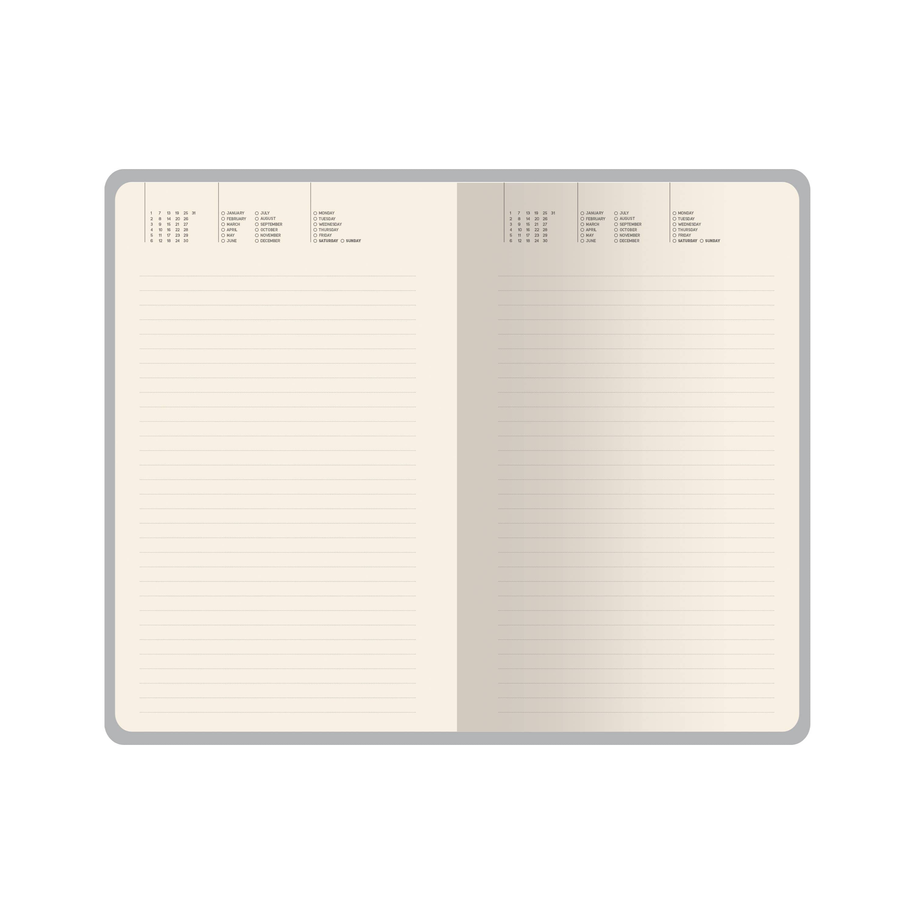 A5 vegan leather daily planner with gilded page edges and a ribbon marker, detail view