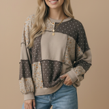 Round Neck Mixed Print Patchwork Pullover