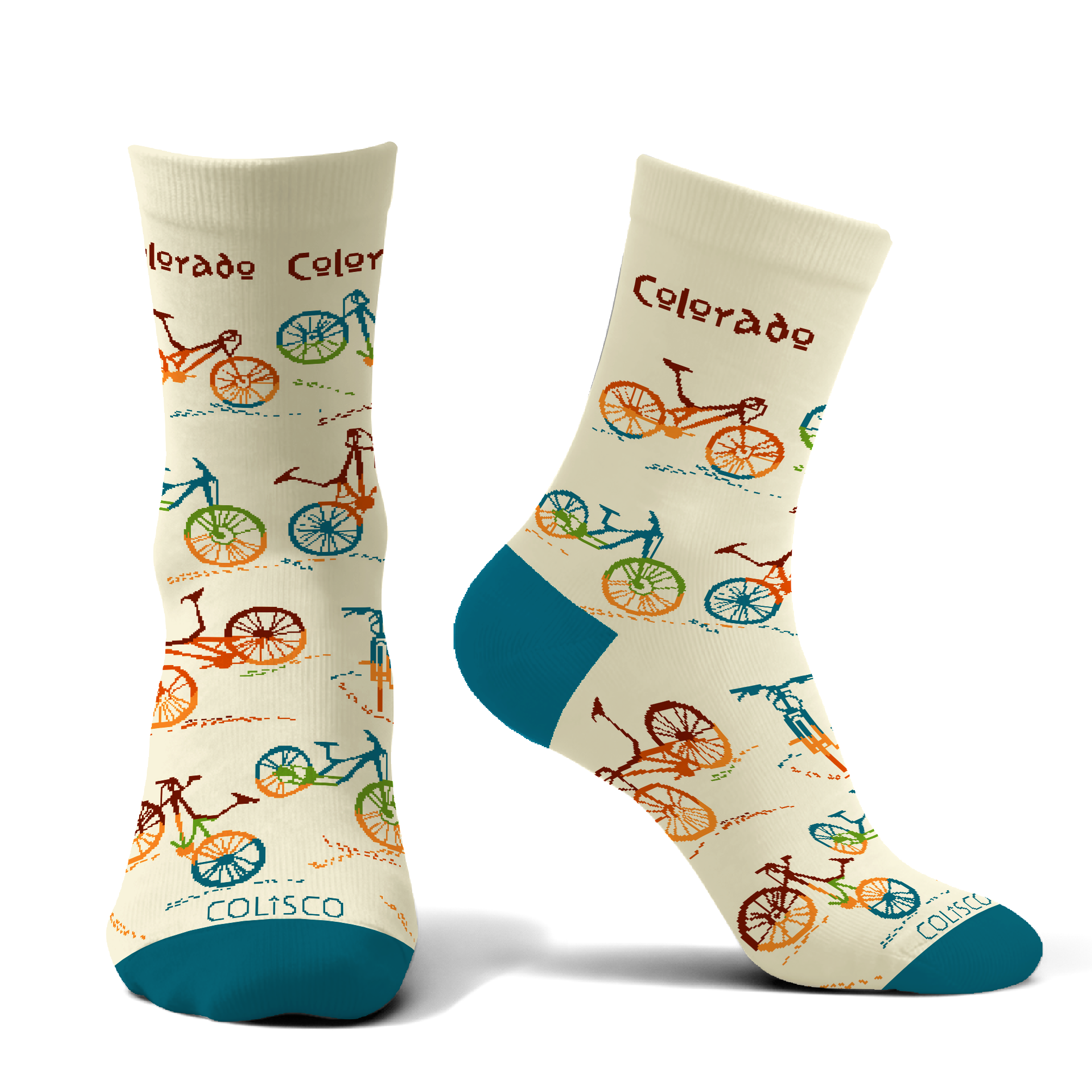 Colorado bike ride unisex crew socks in a second colorway, alternate view