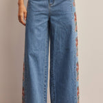 Floral side panel wide-leg denim jeans in washed denim - side detail