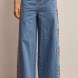 Floral side panel wide-leg denim jeans in washed denim - side detail