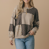 Round Neck Mixed Print Patchwork Pullover