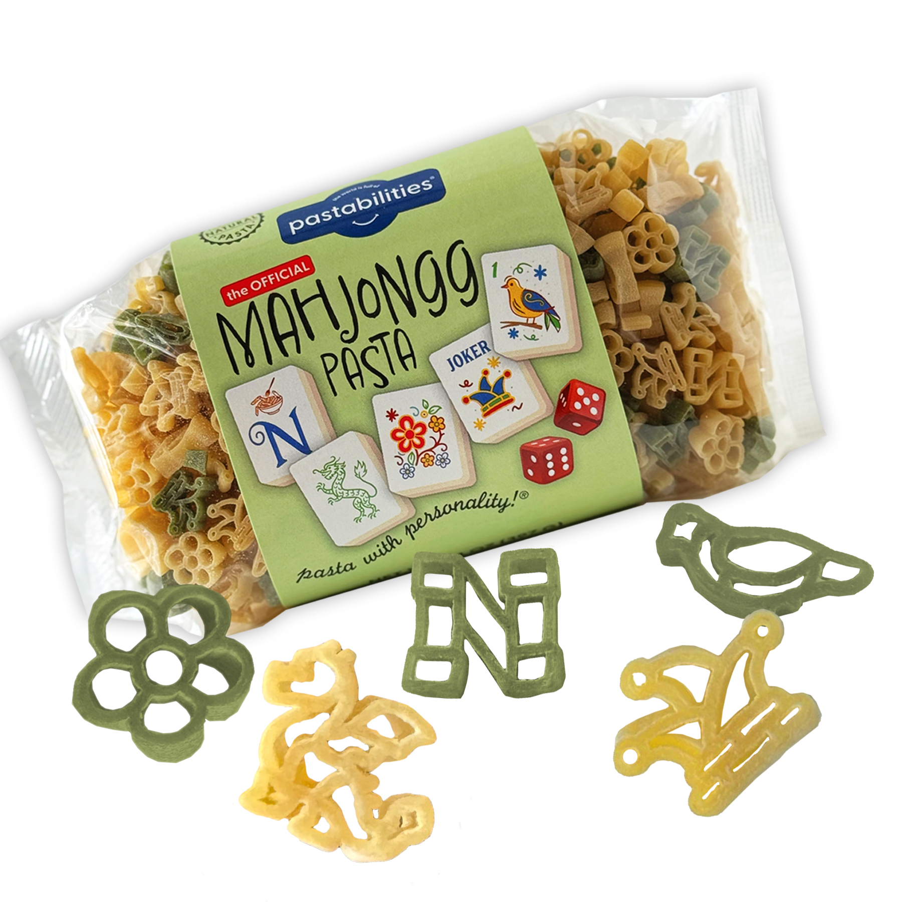 Pastabilities Mahjong Pasta bag with Mahjong tile-shaped pasta