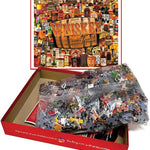 Whiskey Trail puzzle box opened with bagged pieces and the finished image on the lid