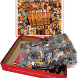Whiskey Trail puzzle box opened with bagged pieces and the finished image on the lid
