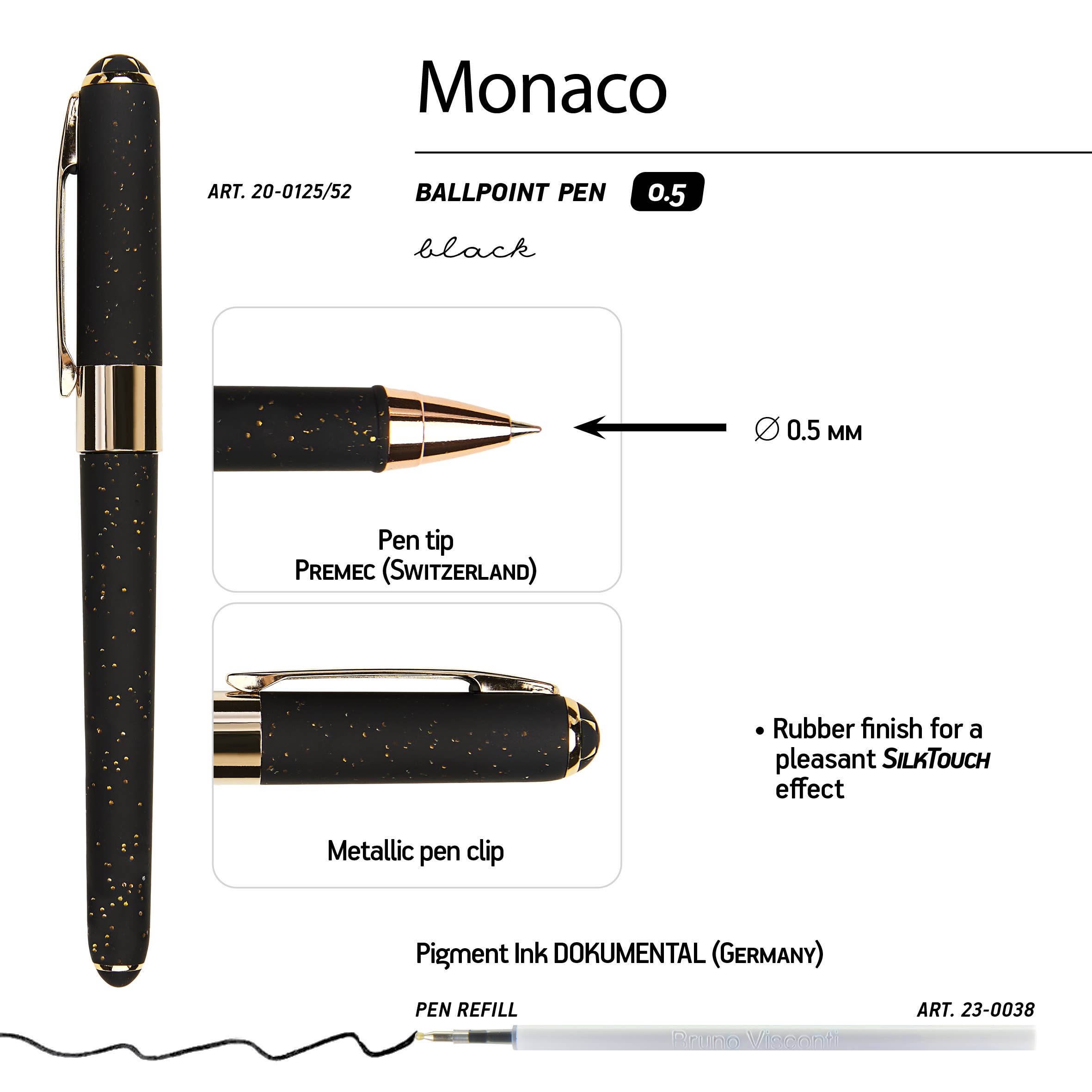 Monaco soft-touch ballpoint pen in black with gold glitter, detail view