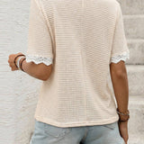 Lace Trim Waffle Knit V Neck Top Casual Summer Tee