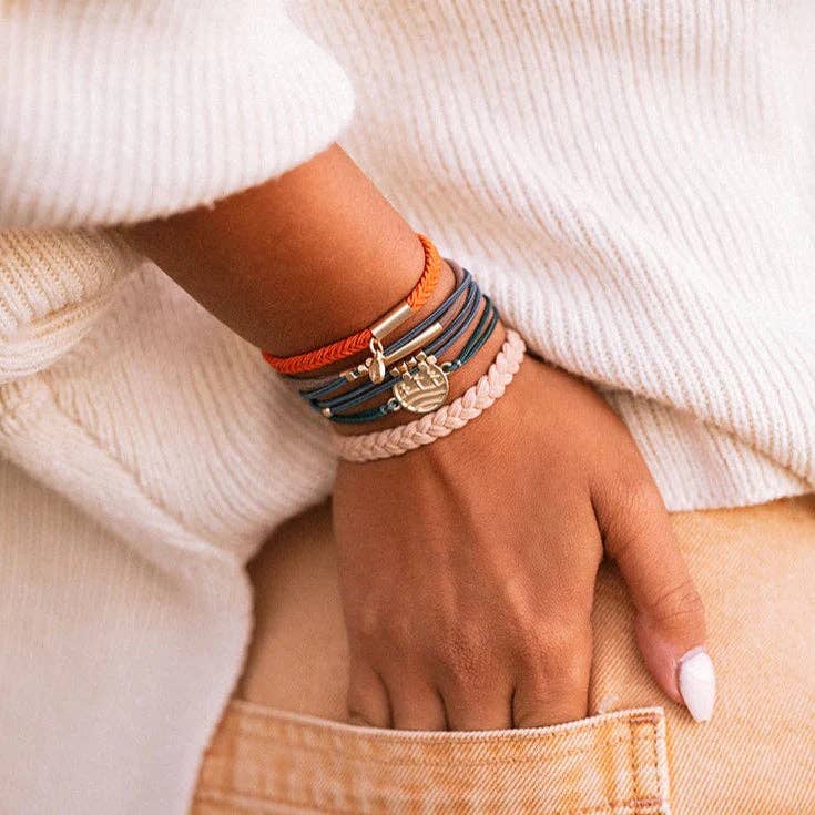 Discover hair tie bracelet set in orange, green, blue and brown with gold pine tree charm, view 5
