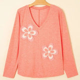 Fresh Salmon Floral Patchwork V Neck Long Sleeve Tee