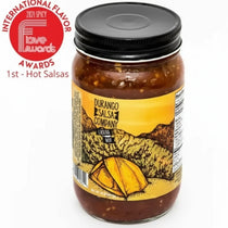 Jar of Durango Salsa Company Casera Salsa with a mountain and tent label