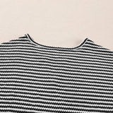 Stripe Textured Notched Neck Cuffed Short Sleeve Top