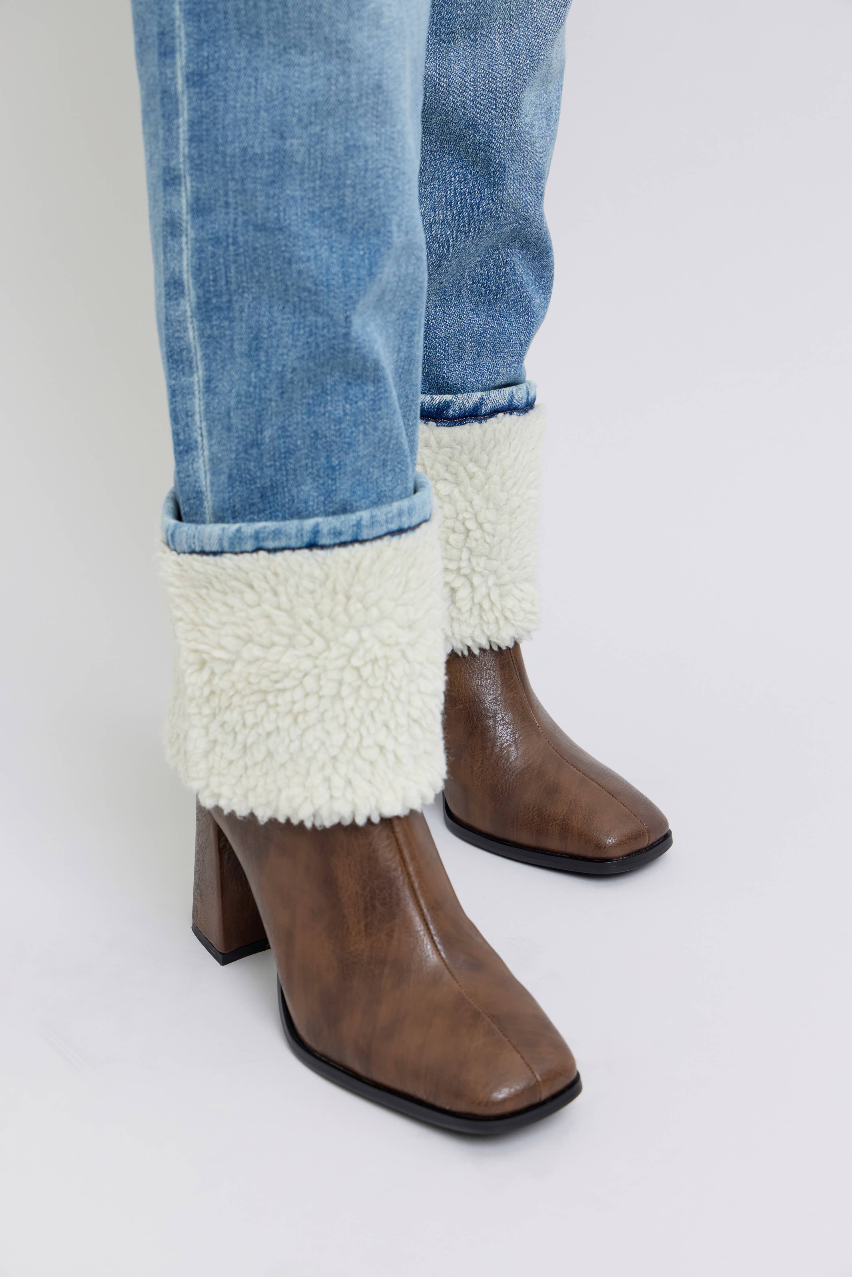 Judy Blue shearling cuff high waist straight jeans in medium wash