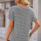 Stripe Textured Notched Neck Cuffed Short Sleeve Top