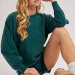 Hunter green ribbed knit lounge sweater and matching shorts