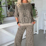 Women's Leopard Jacquard Two-Piece Set – Puff Sleeve Top & Wide Leg Pants, Khaki
