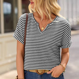 Stripe Textured Notched Neck Cuffed Short Sleeve Top