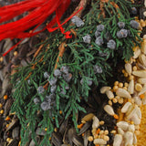 Close-up of juniper sprigs, red raffia, and seeds on the birdhouse