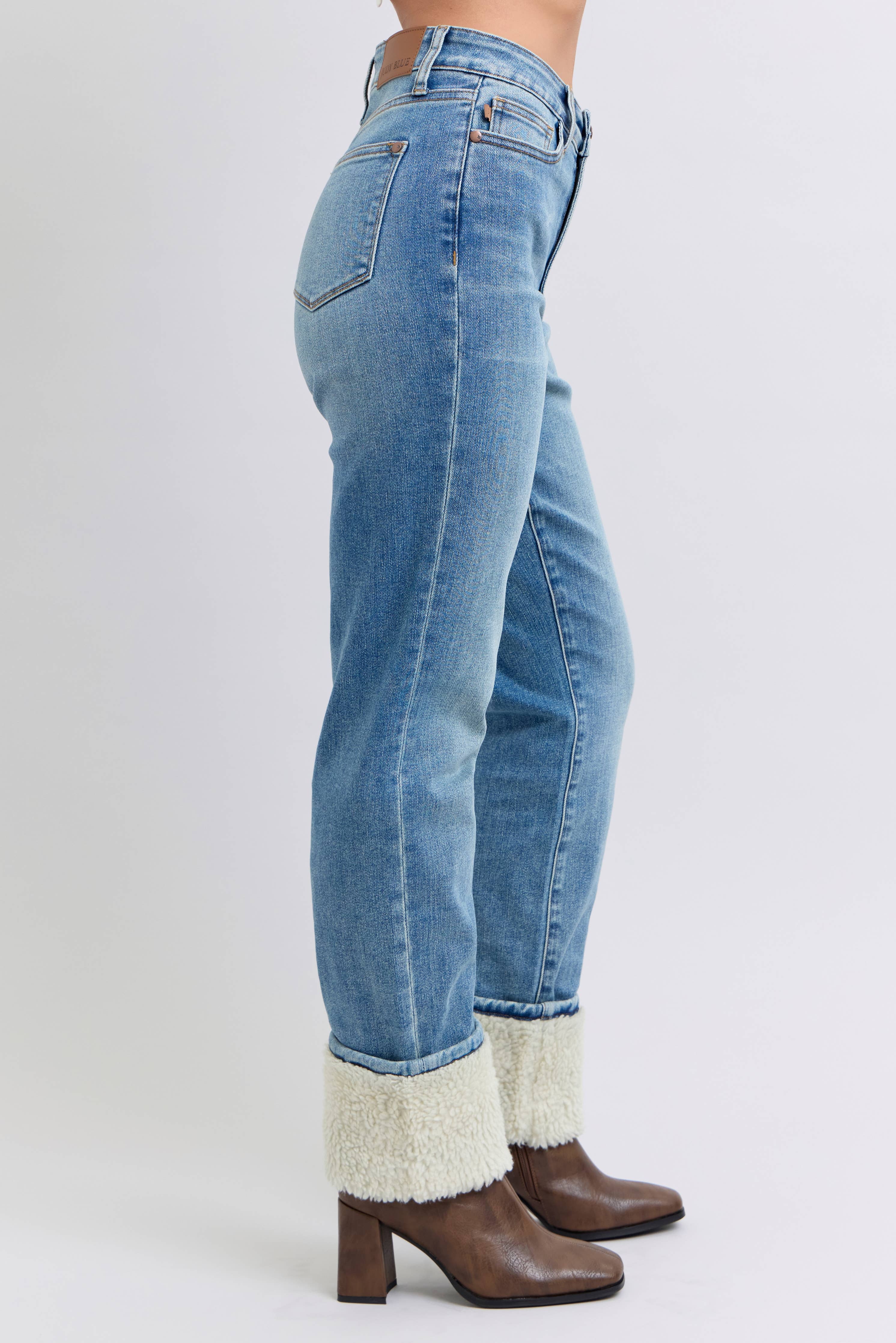 Judy Blue shearling cuff high waist straight jeans in medium wash