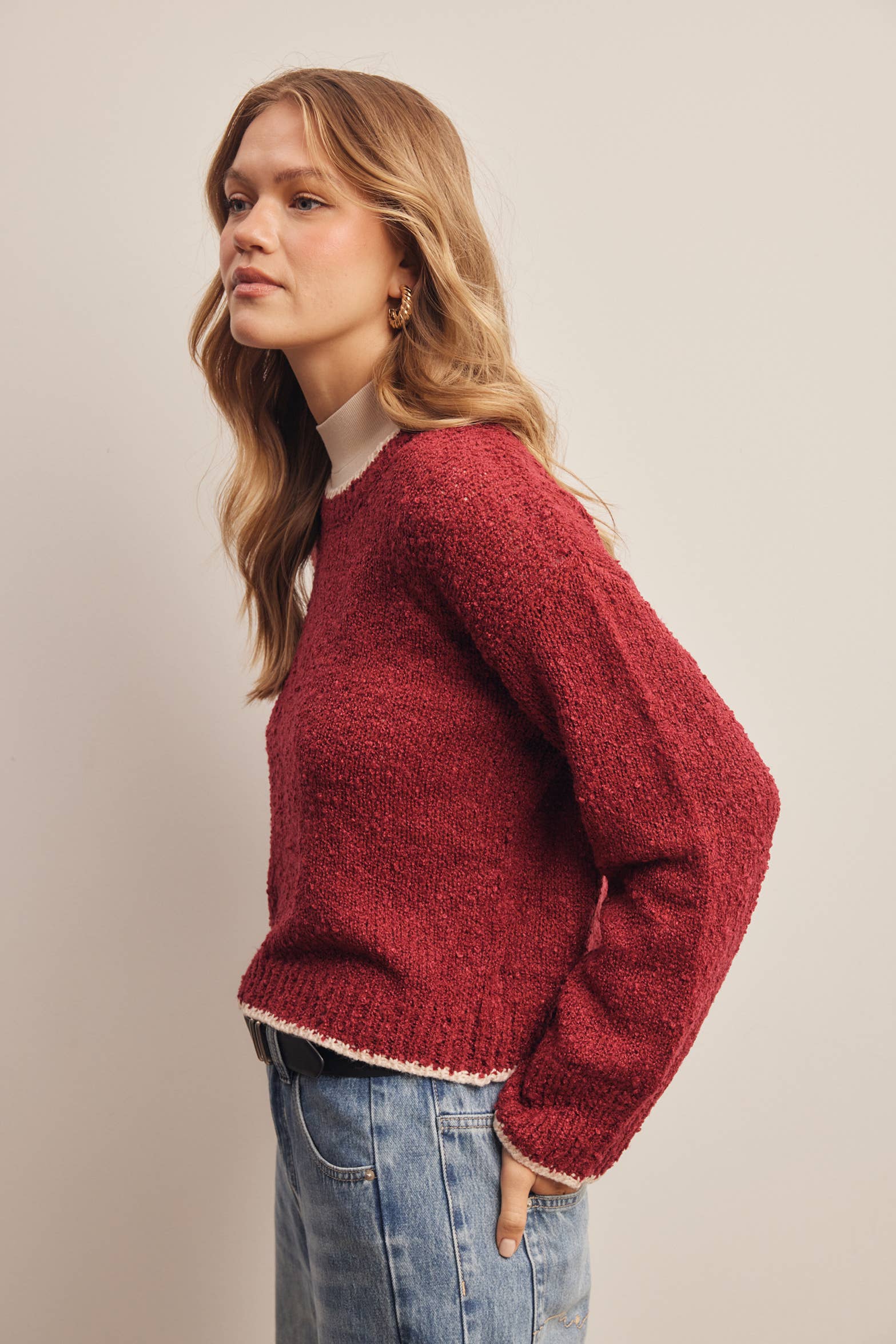 Contrast Trim Bouclé Sweater in Wine – 4