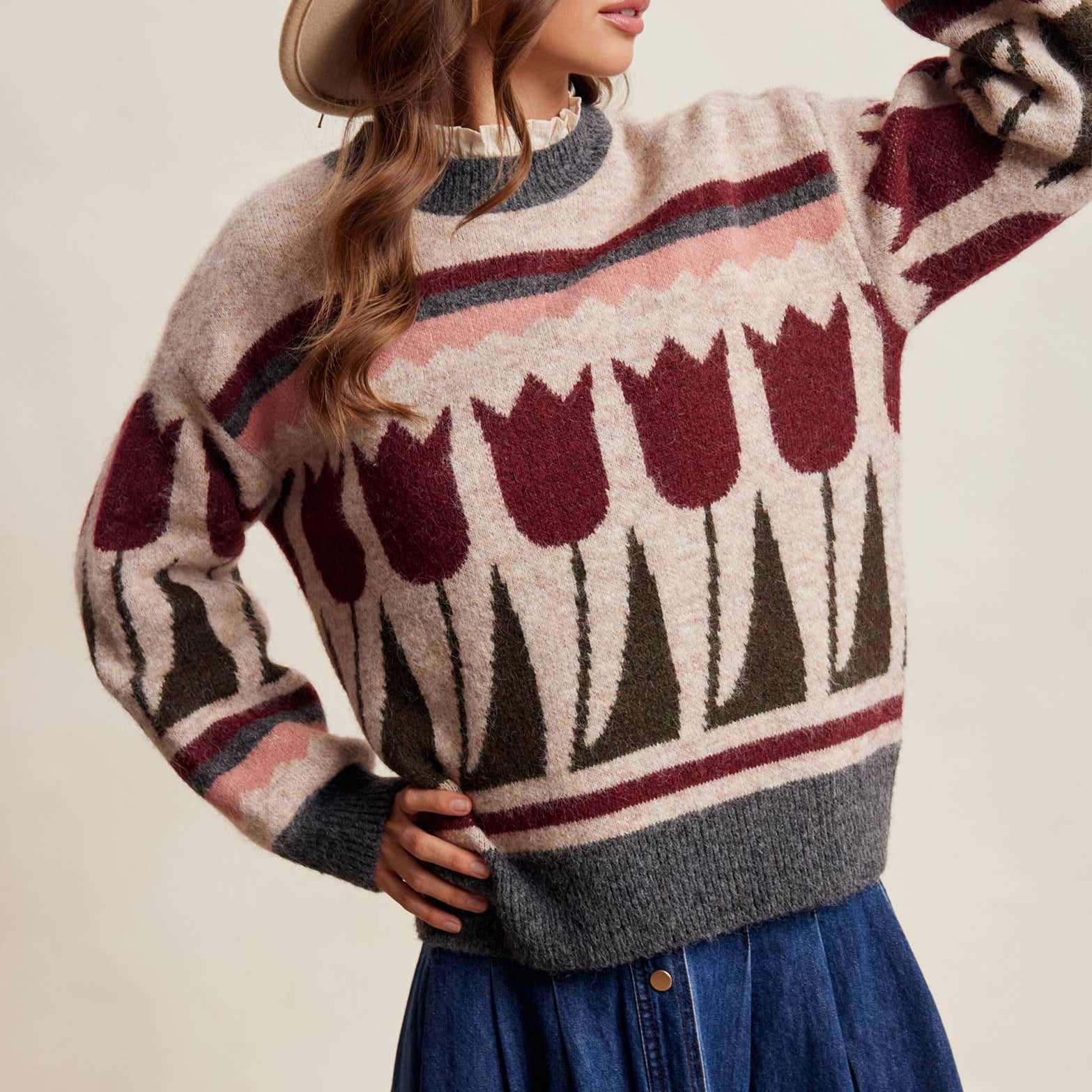 Tulip Pattern Knit Sweater in Charcoal – 2