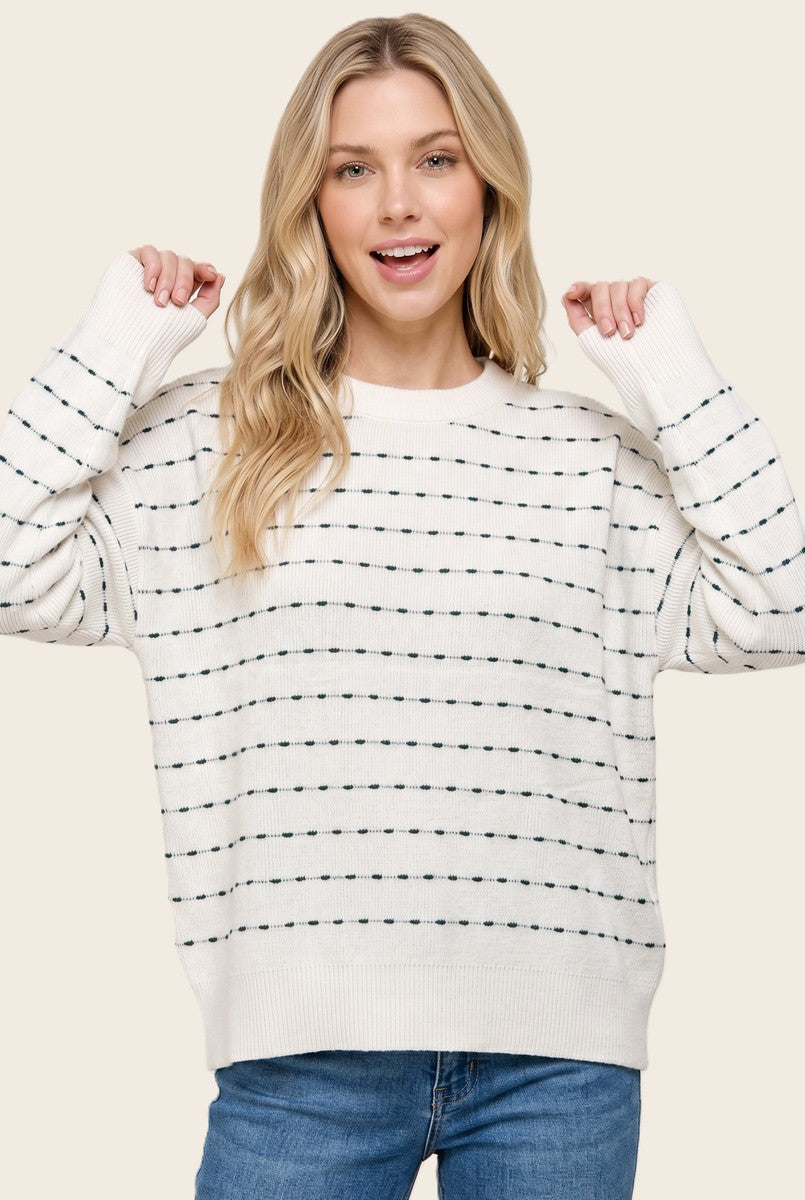 Textured Stripe Crew Neck Pullover Sweater in Ivory / Teal - front detail