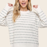 Textured Stripe Crew Neck Pullover Sweater in Ivory / Teal - front detail
