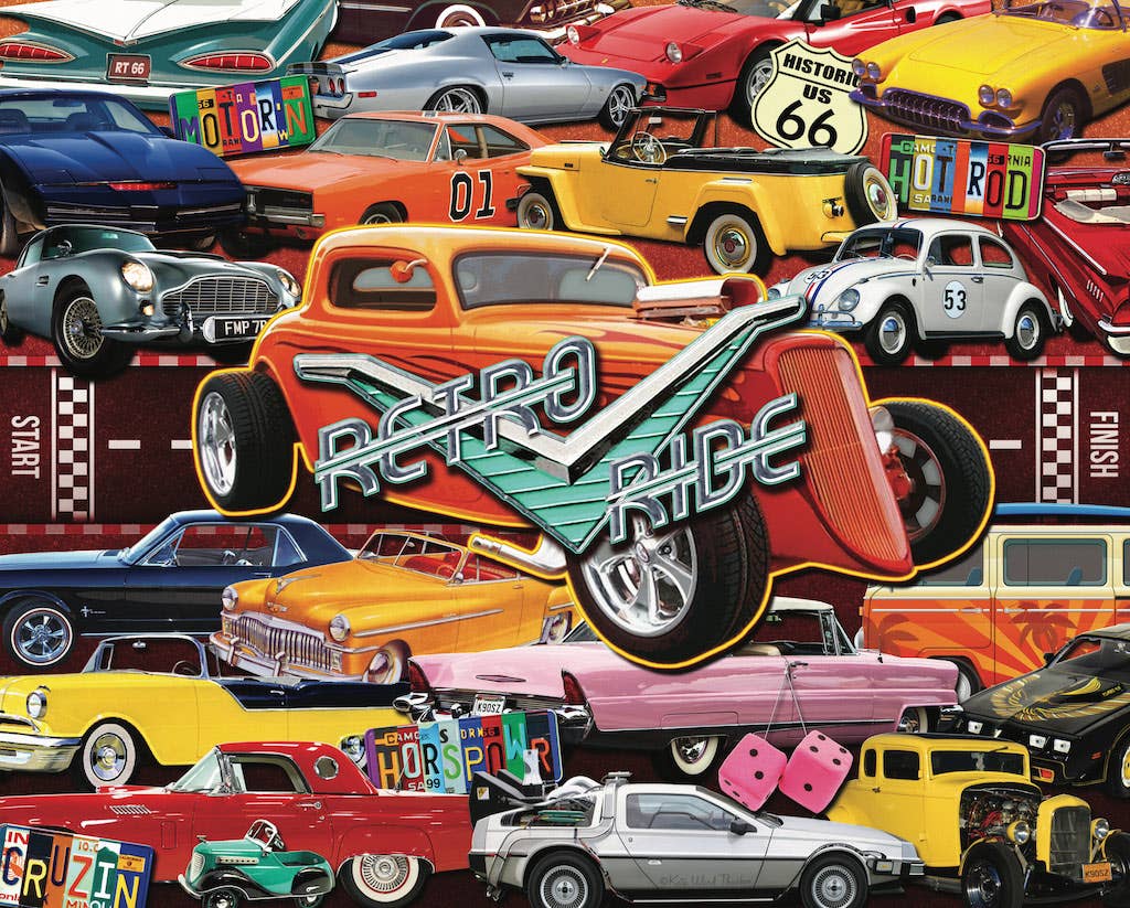 Completed Boomers' Favorite Rides 1,000-piece jigsaw puzzle: a retro collage of classic cars, muscle cars and hot rods