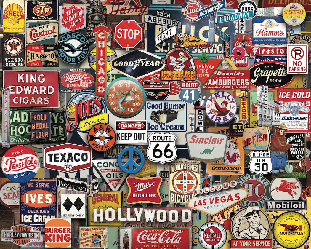 Completed Boomers' Favorite Signs 1,000-piece jigsaw puzzle: a collage of vintage gas station, soda, diner and road signs