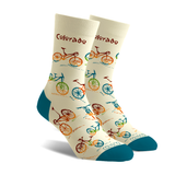 Unisex crew socks with a Colorado bike ride graphic, second colorway