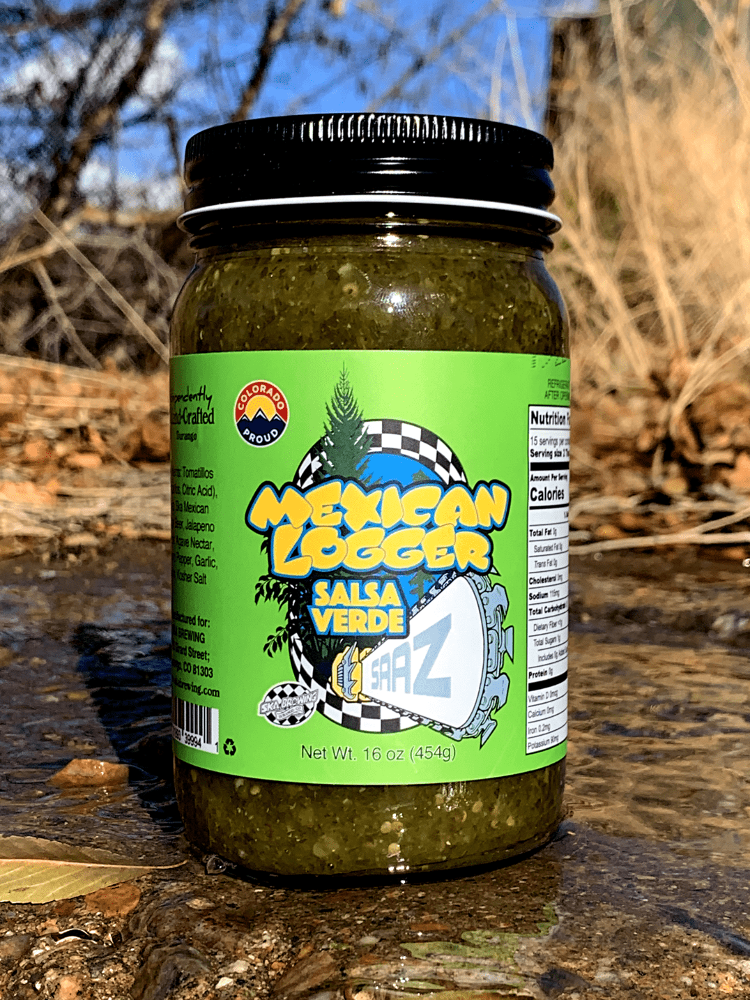 Close-up of the Mexican Logger salsa verde label