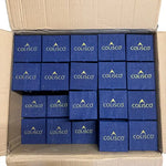 Shipping carton filled with rows of navy ornament gift boxes