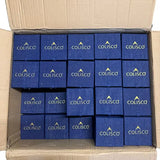 Carton packed with rows of navy velvet ornament gift boxes