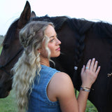 Gallop hair tie bracelet set in brown and blue with gold horse bit charm, view 6