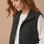 High Neck Snap Button Quilted Puffer Vest in Black - close-up of quilting