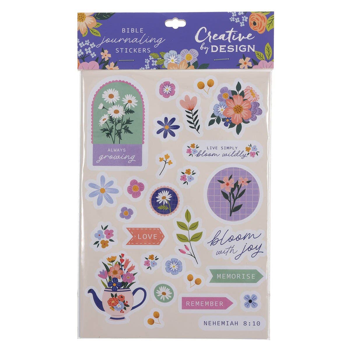 Bloom Wildly scripture sticker set with three sheets of die-cut stickers