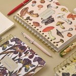 Spiral-bound art journal with a painted iris cover, interior pages