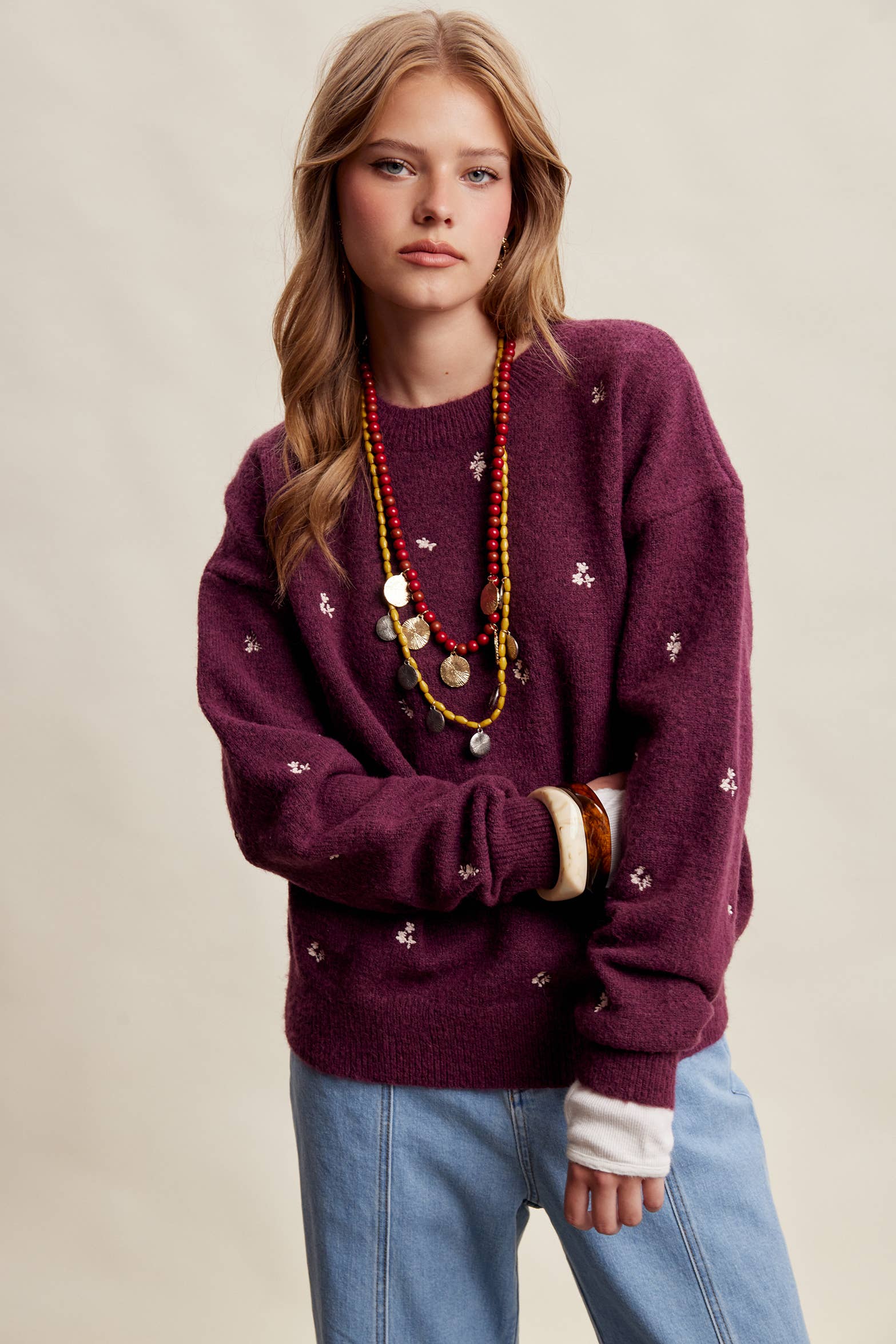 Women's Embroidered Dot Sweater in Plum – 4