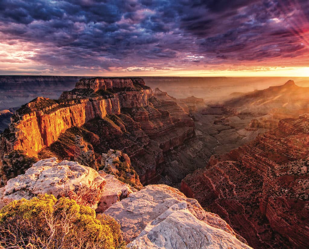 Completed Grand Canyon 1,000-piece jigsaw puzzle: sunset light over the red rock cliffs of the Grand Canyon