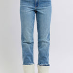 Judy Blue shearling cuff high waist straight jeans in medium wash