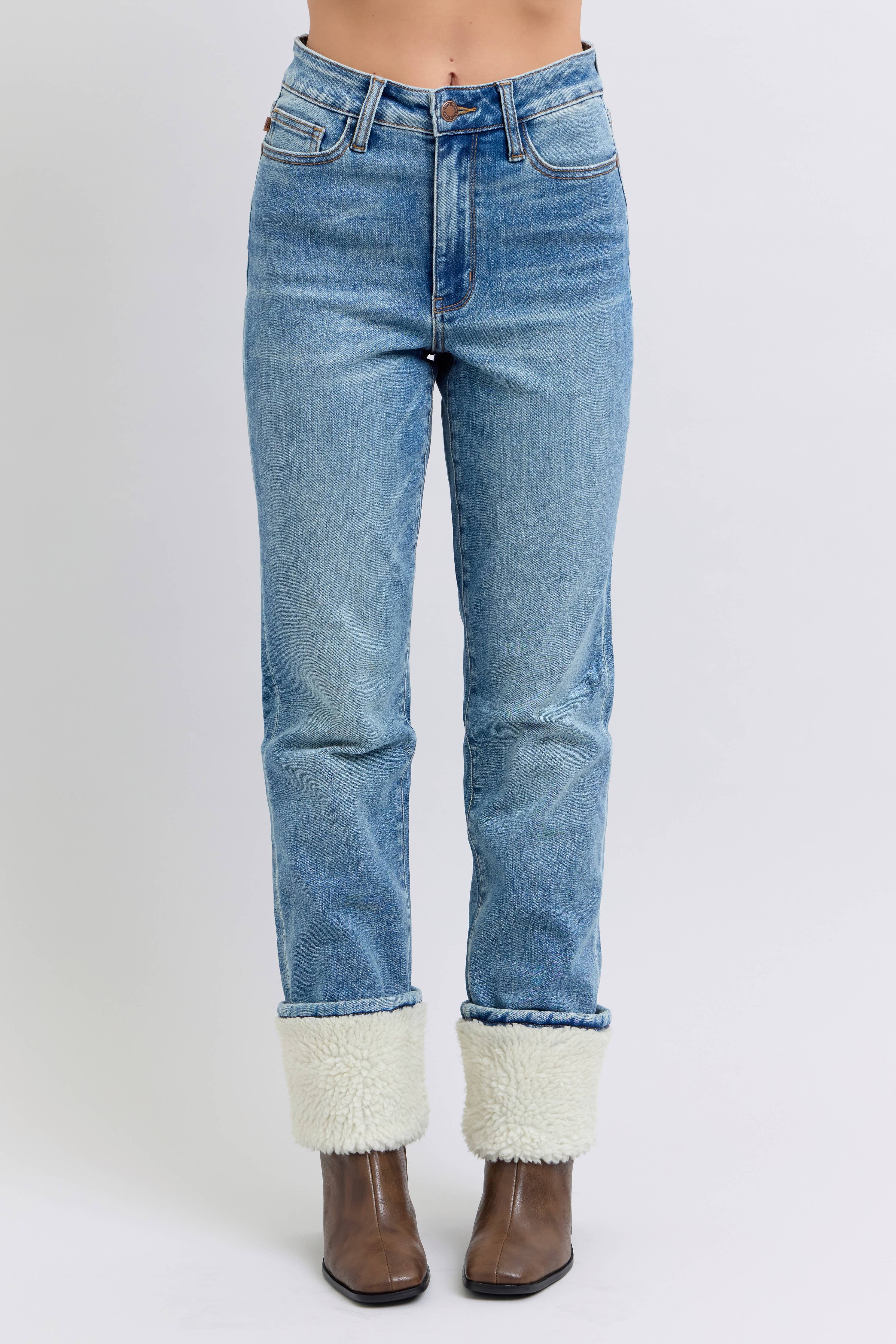 Judy Blue shearling cuff high waist straight jeans in medium wash