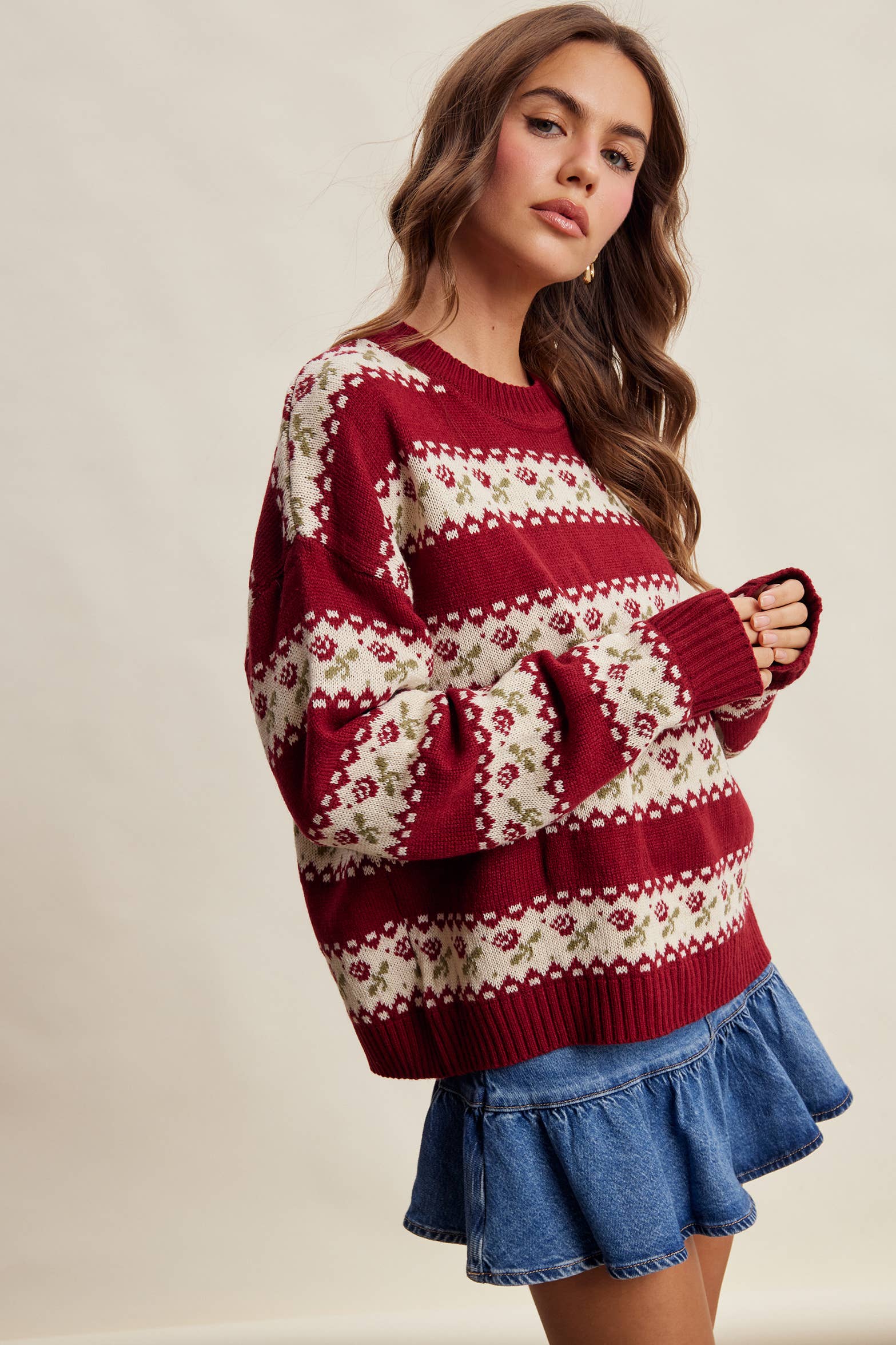 Floral Fair Isle Knit Sweater in Ruby – 7